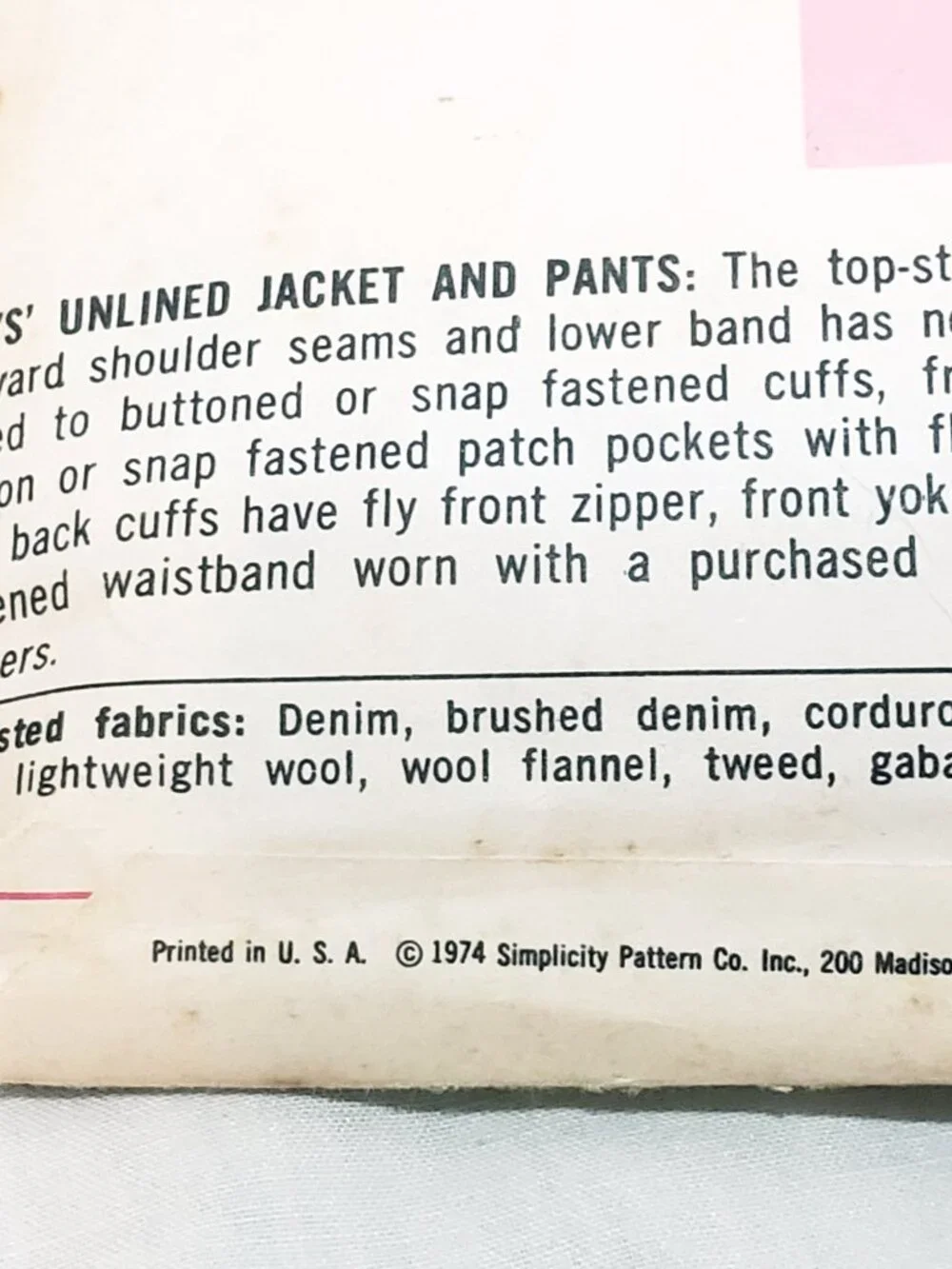 Boys Unlined Jacket Pants Pattern 6539 Simplicity 1974 Size 10 Precut Complete